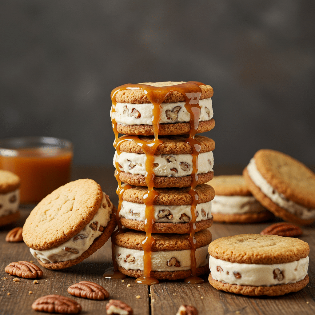 Stack of butter pecan ice cream sandwiches with caramel drizzle