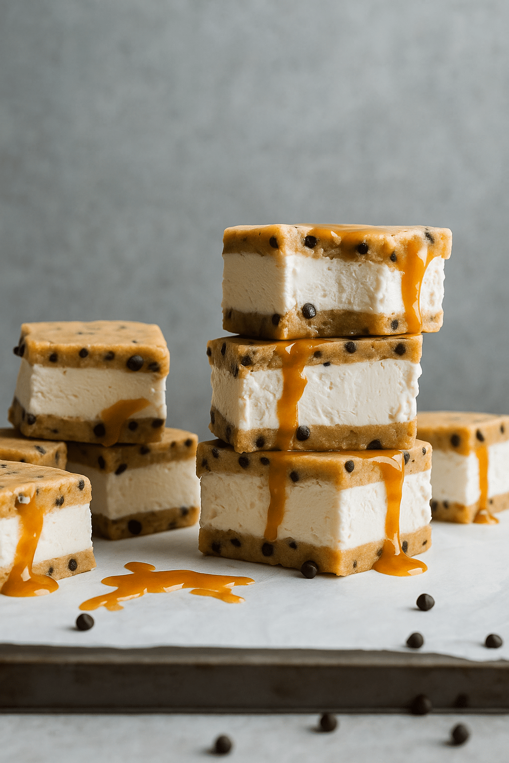Caramel chocolate chip cookie ice cream sandwiches stacked on a plate