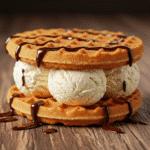 Waffle ice cream sandwich with chocolate drizzle