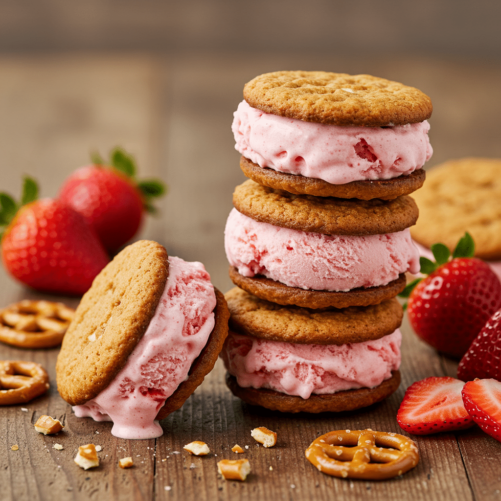 Strawberry Pretzel Cookie Ice Cream Sandwiches stacked on a rustic wooden table