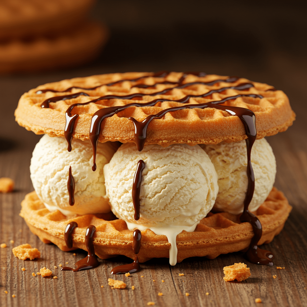 Waffle ice cream sandwich with chocolate drizzle