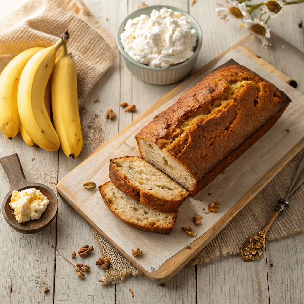 Freshly baked cottage cheese banana bread loaf with slices showing moist texture, surrounded by bananas and cottage cheese on a rustic table