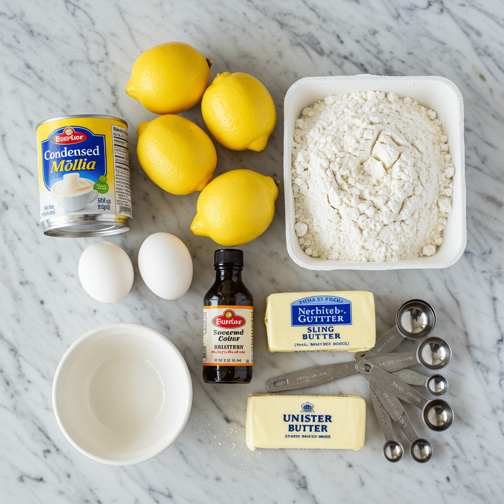 Ingredients for baby lemon impossible pie recipe with condensed milk