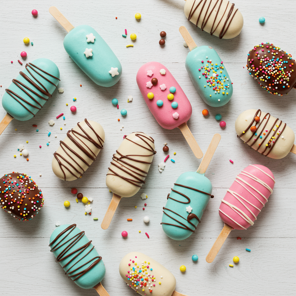 colorful cake popsicles recipe on table