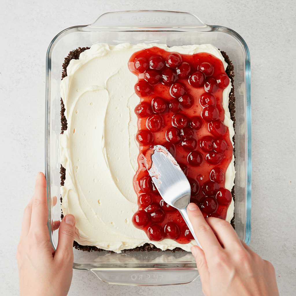 Spreading cherry topping on no bake Oreo cheesecake