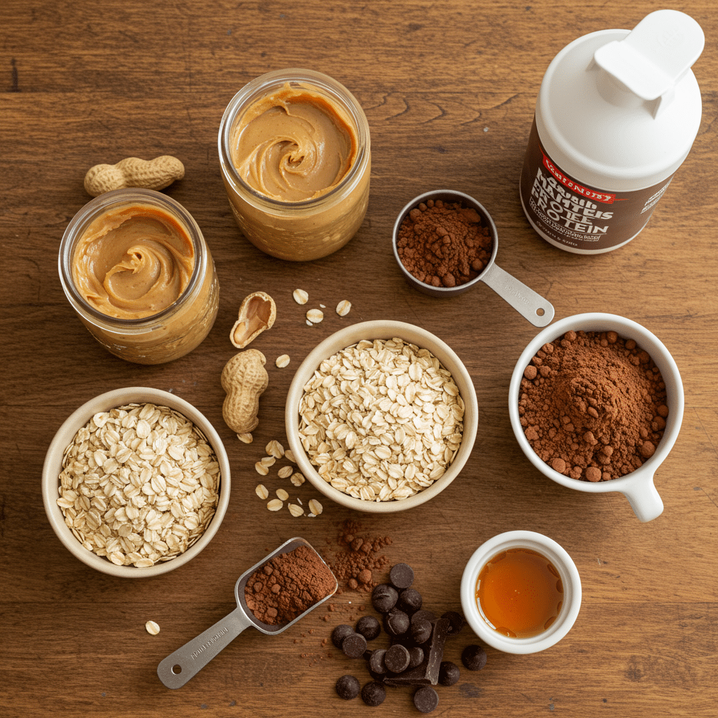 Ingredients for chocolate peanut butter protein bars