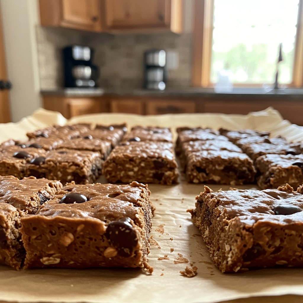 Chocolate peanut butter protein bars on parchment paper