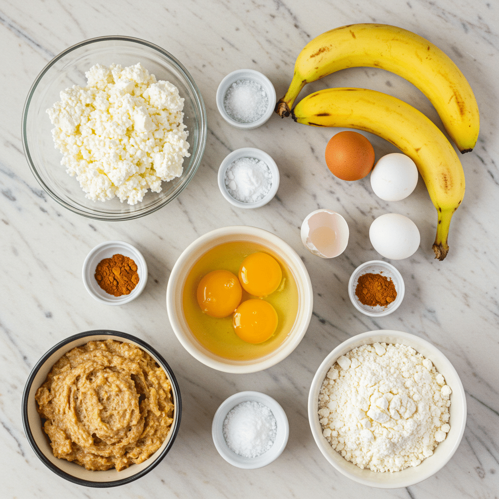 Flat lay of ingredients for cottage cheese banana bread: bananas, cottage cheese, flour, eggs, spices”