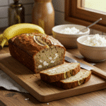 Loaf of cottage cheese banana bread on a wooden cutting board with banana slices