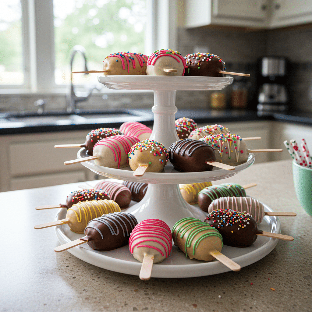 served cake popsicles decorated with sprinkles