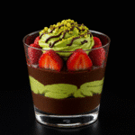 Dubai chocolate strawberries in a clear dessert cup with chocolate drizzle