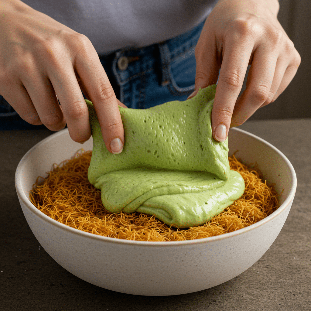 Pistachio cream mixed into kataifi for Dubai chocolate strawberries