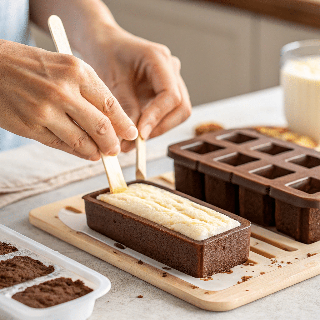 Filling the molds with cake and frosting mix
