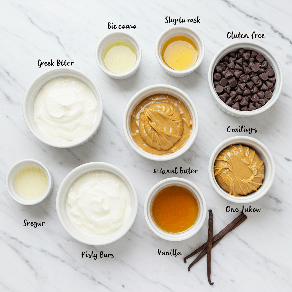 Ingredients for gluten-free peanut butter yogurt bars on marble surface