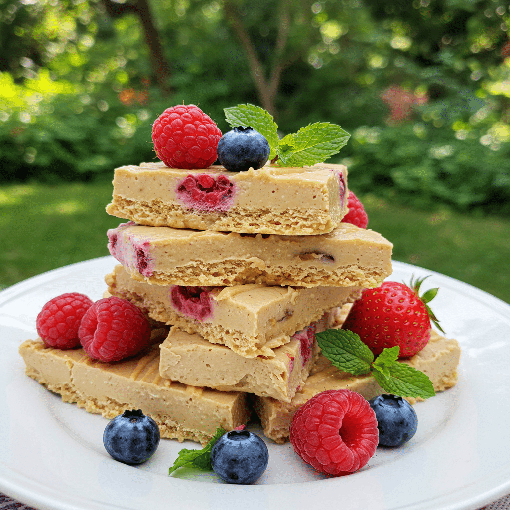 Served frozen gluten-free peanut butter yogurt bars with berries
