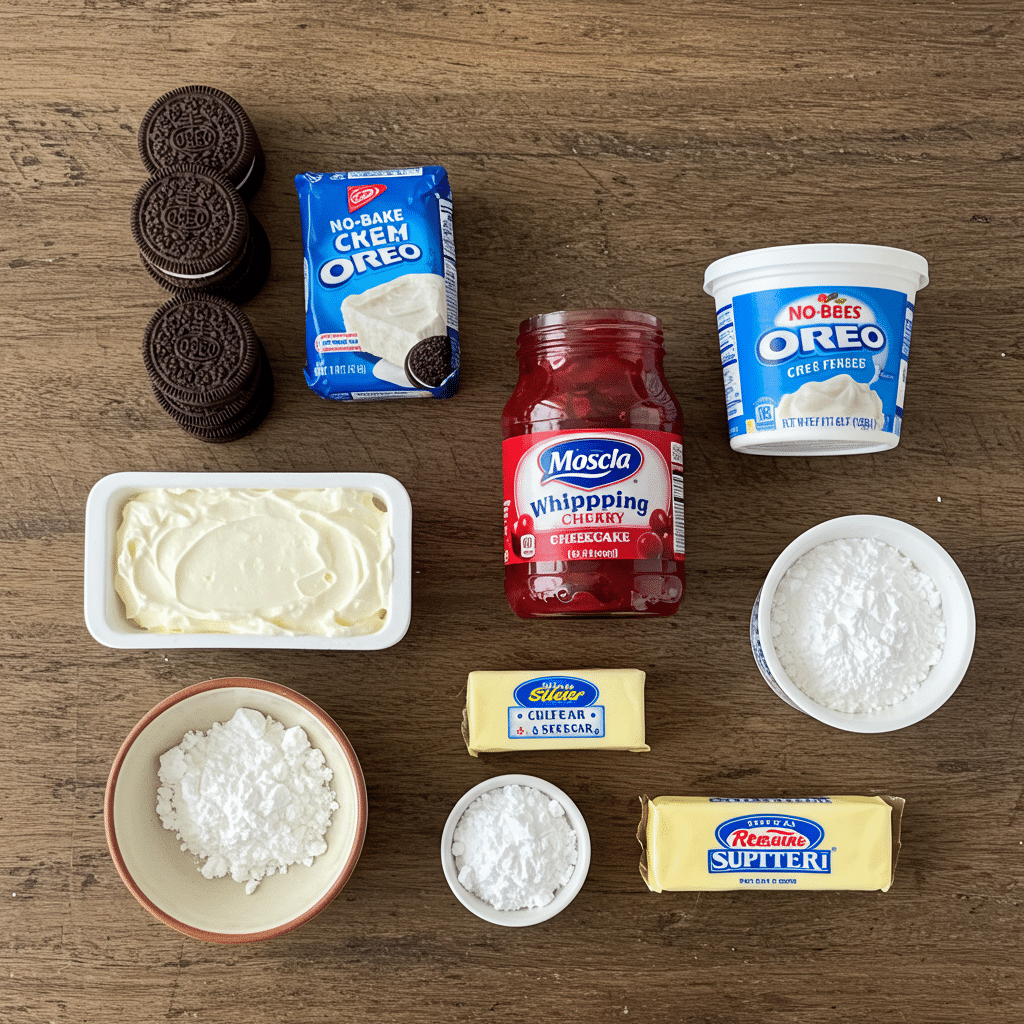 Ingredients for no bake Oreo cherry cheesecake lasagna