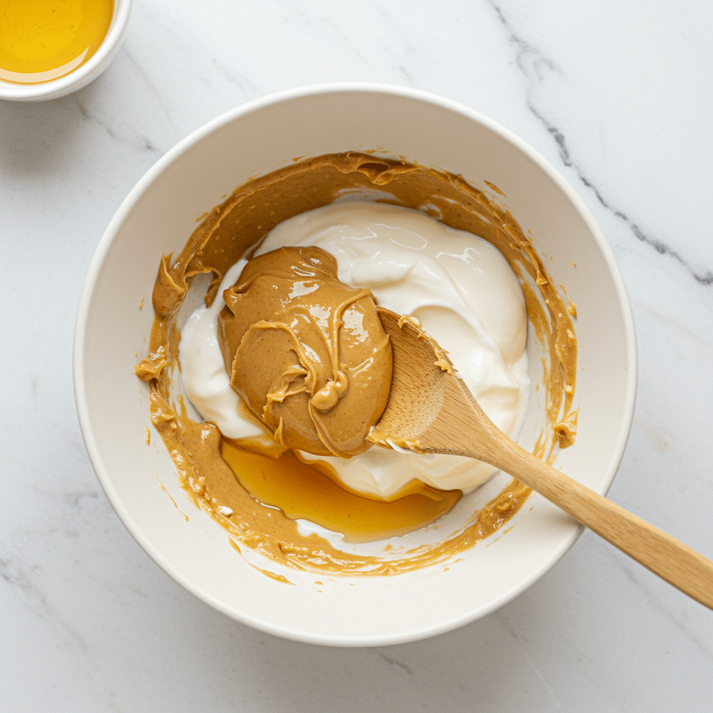 Mixing no bake peanut butter yogurt mixture