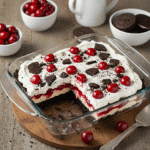 No Bake Oreo Cherry Cheesecake Lasagna dessert in dish