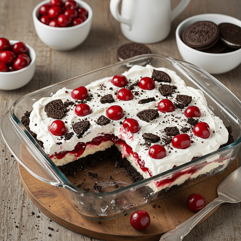No Bake Oreo Cherry Cheesecake Lasagna dessert in dish