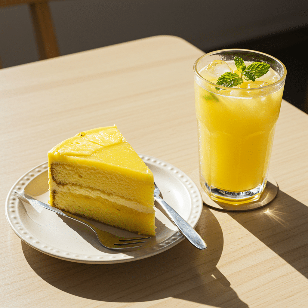 Slice of pineapple juice cake on plate with iced drink