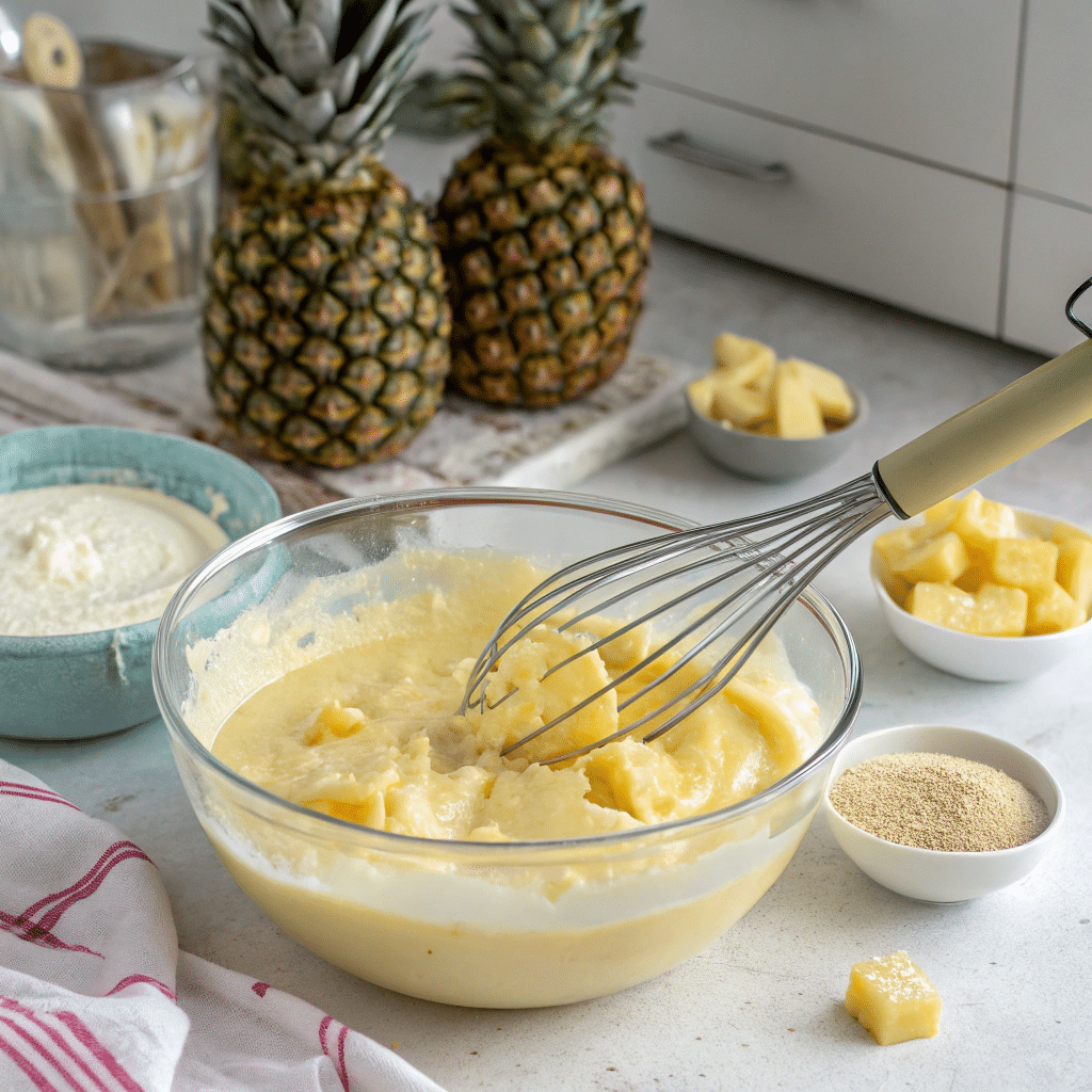 Mixing pineapple juice cake batter in a bowl