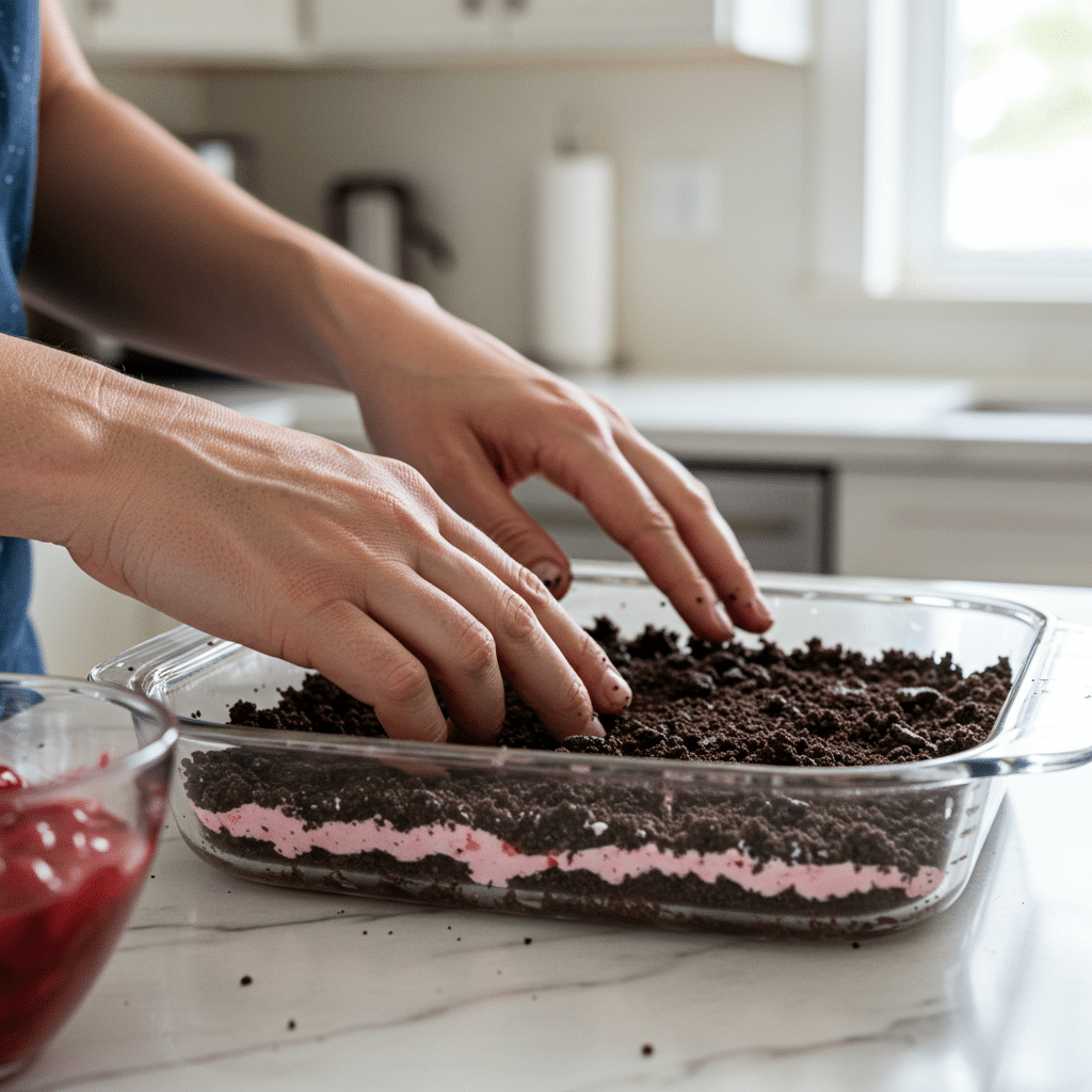 Pressing Oreo crust for no bake cherry cheesecake lasagna