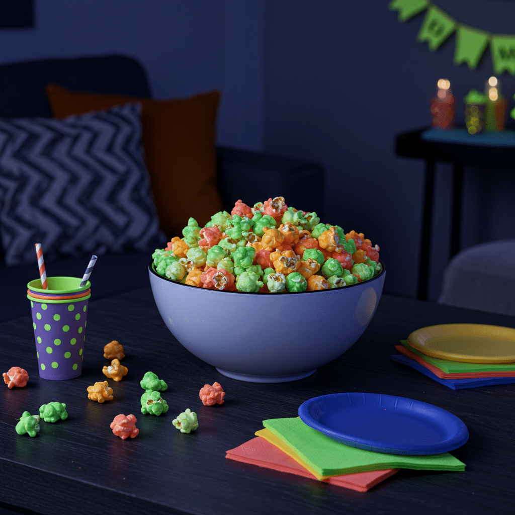 Serving glow-in-the-dark candy popcorn bombs under black light