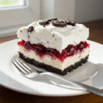 Slice of no bake Oreo cherry cheesecake lasagna on plate
