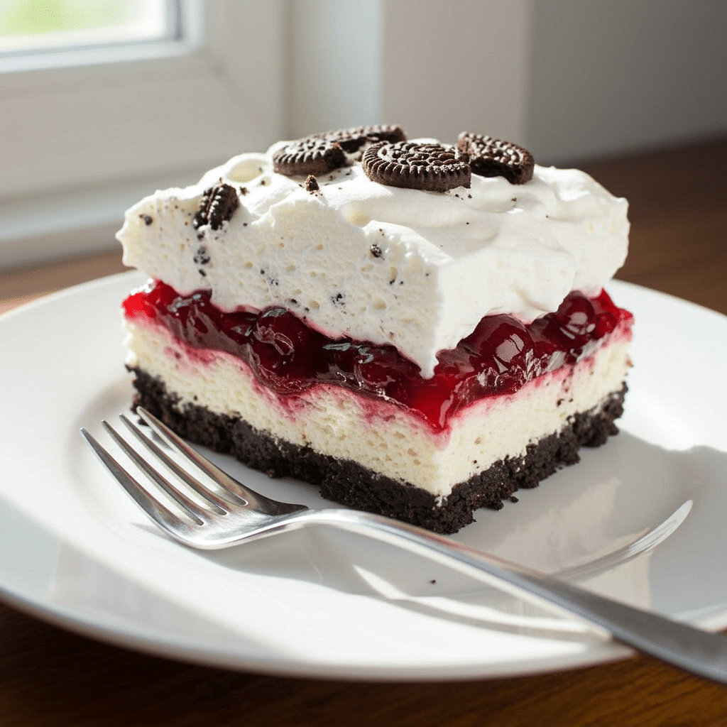 Slice of no bake Oreo cherry cheesecake lasagna on plate