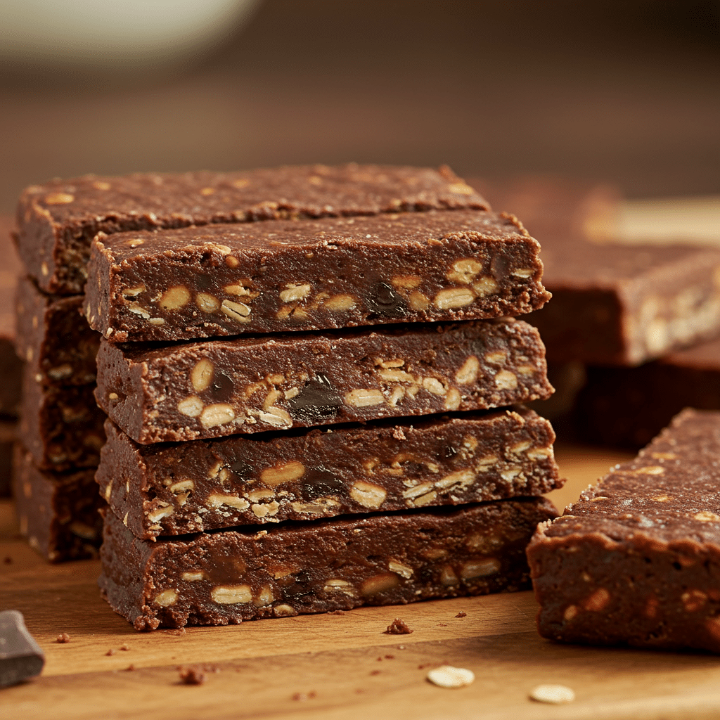 Sliced chocolate peanut butter protein bars on board