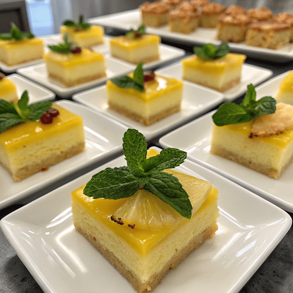 Pineapple juice cake squares with mint garnish